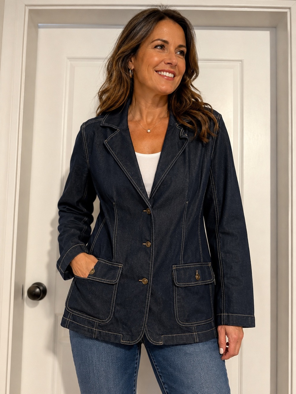 Sag Harbor Dark Jean Blazer with Contrast Stitching